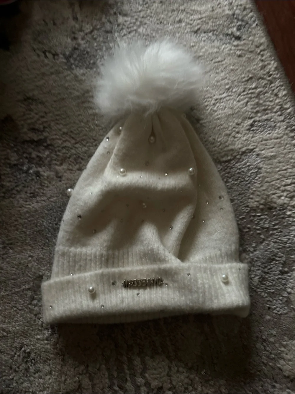 Kids Faux Fur Pom Beanie Hat with Pearls - White